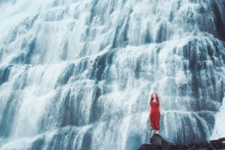 women, Nature, Water, Red dress, Waterfall HD Wallpaper Desktop Background