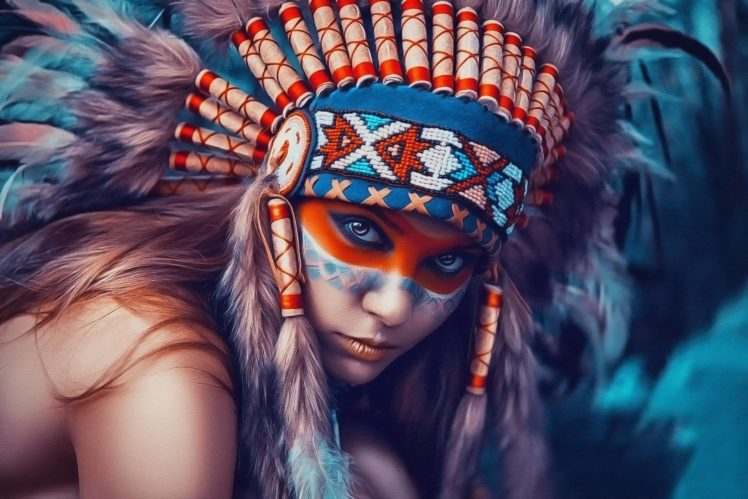 women, Native Americans, Eyes, Artwork, Headdress, Colorful, Painting, Face paint, Feathers HD Wallpaper Desktop Background