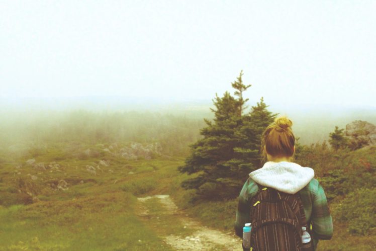women, Nature, Mist, Mountains, Trees, Backpacks HD Wallpaper Desktop Background