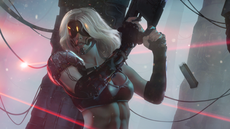 women, Cyberpunk, Gun, Bra, Bionics HD Wallpaper Desktop Background
