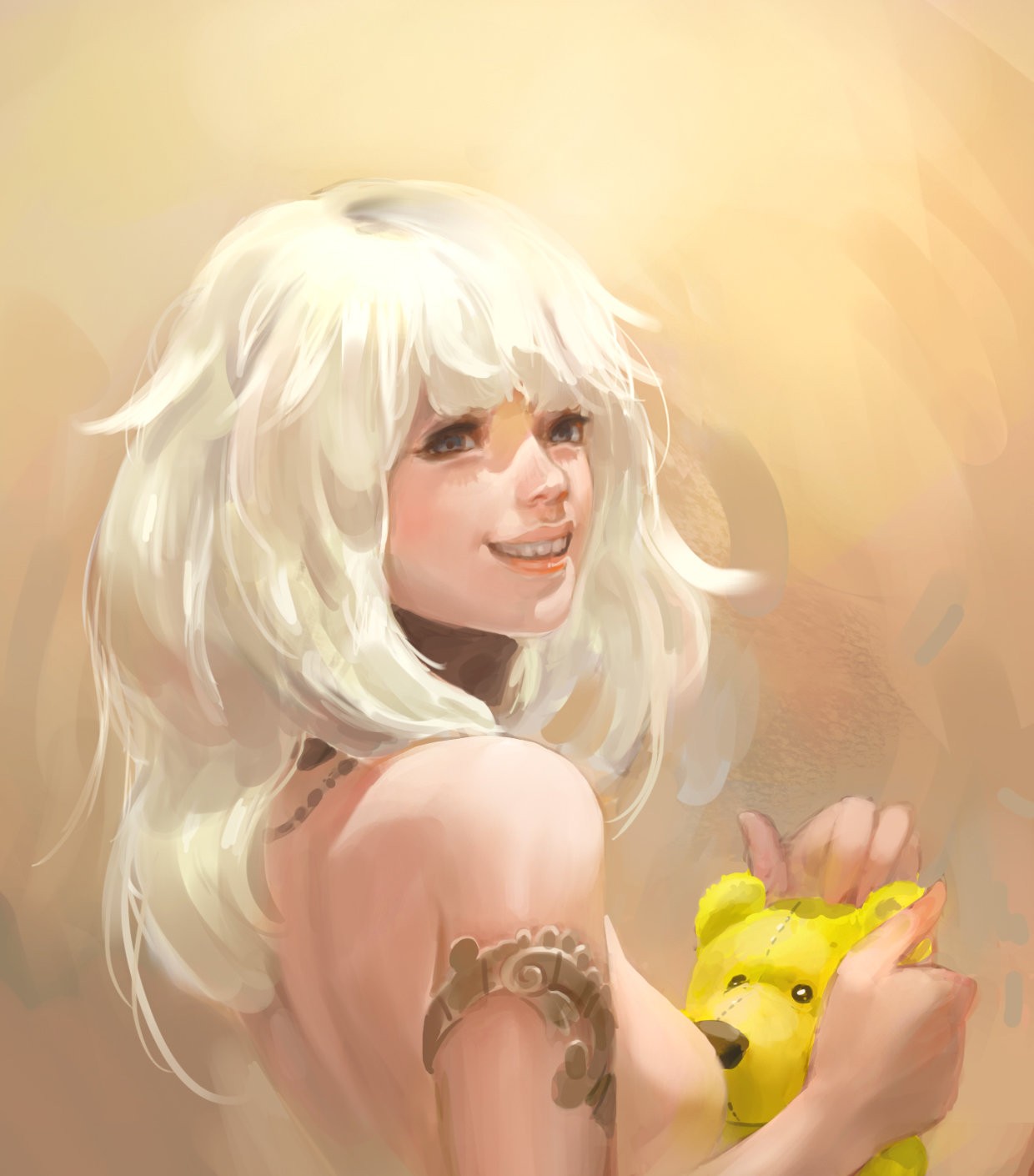 sideboob, White hair, Women, Blond hair, Drawing, Teddy bears, Smiling, Artwork Wallpaper