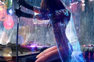 women, Warrior, Artwork, Sword, Rain, Cyberpunk, Cyberpunk 2077