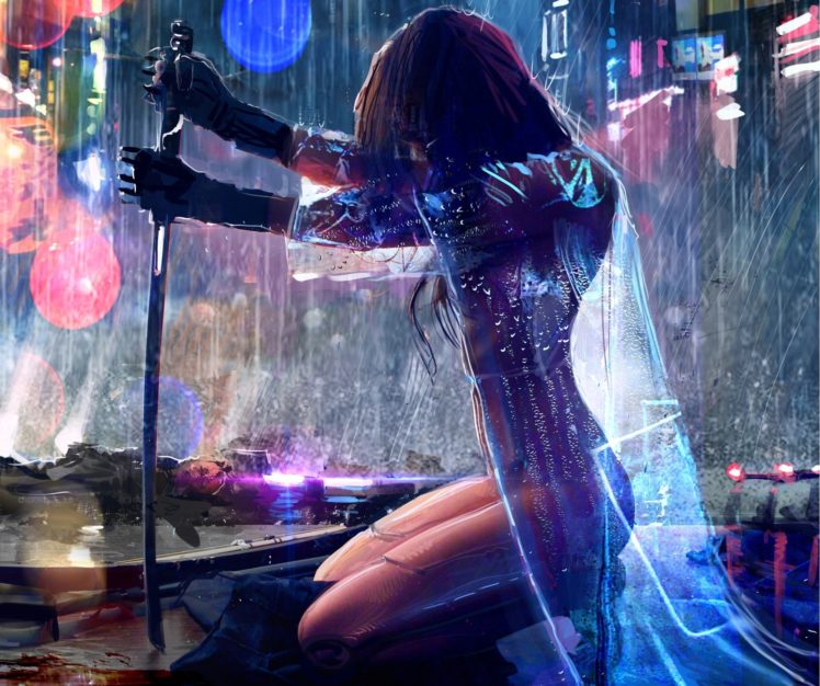 women, Warrior, Artwork, Sword, Rain, Cyberpunk, Cyberpunk 2077 HD Wallpaper Desktop Background