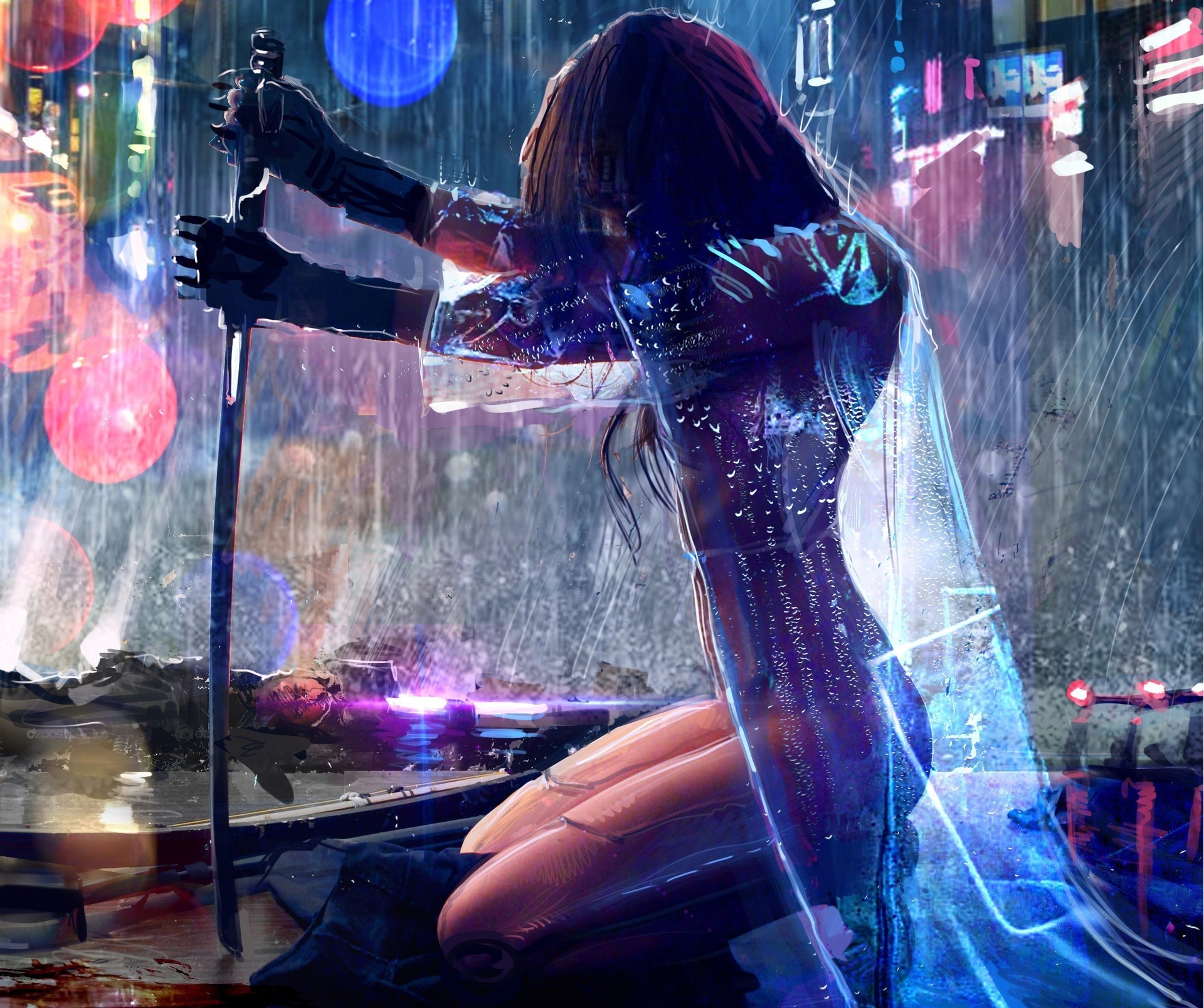 women, Warrior, Artwork, Sword, Rain, Cyberpunk, Cyberpunk 2077 Wallpaper