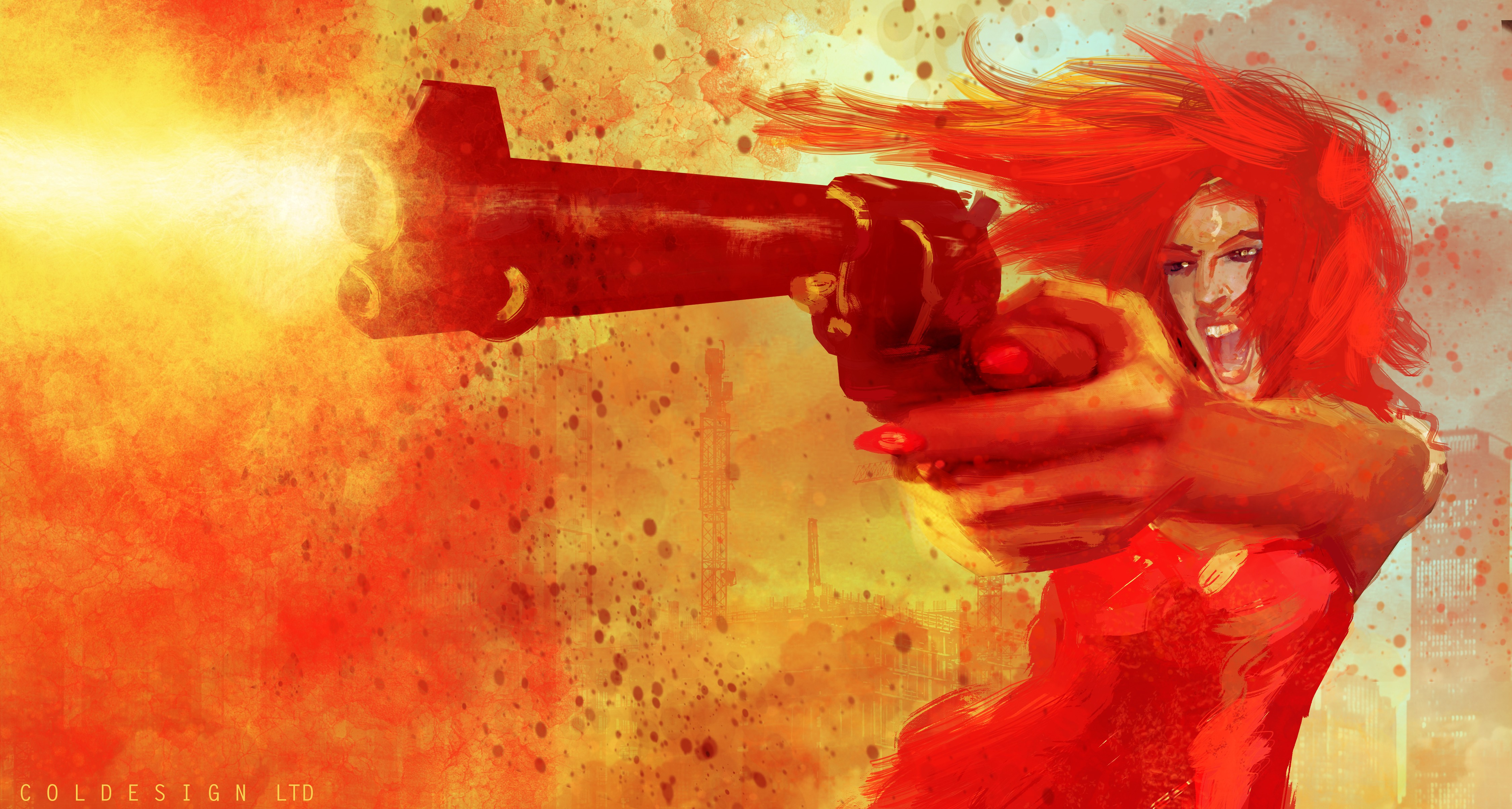 women, Gun, Fire Wallpaper