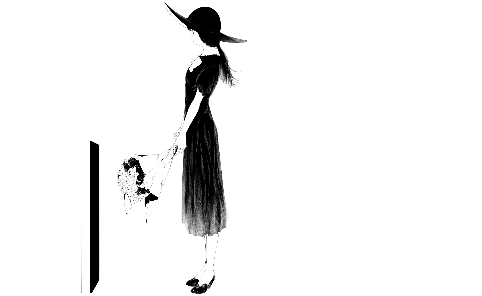 women, Monochrome, Simple background, White background, Artwork, Flowers, Hat Wallpaper