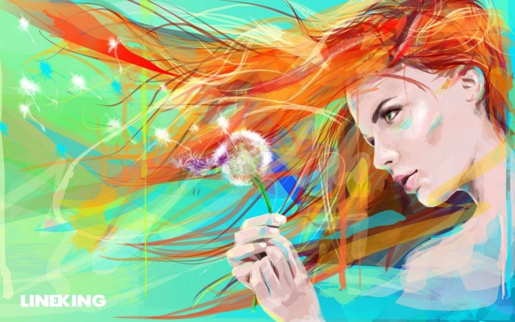 redhead, Women, Face, Model, Long hair, Artwork, Flowers, Dandelion HD Wallpaper Desktop Background
