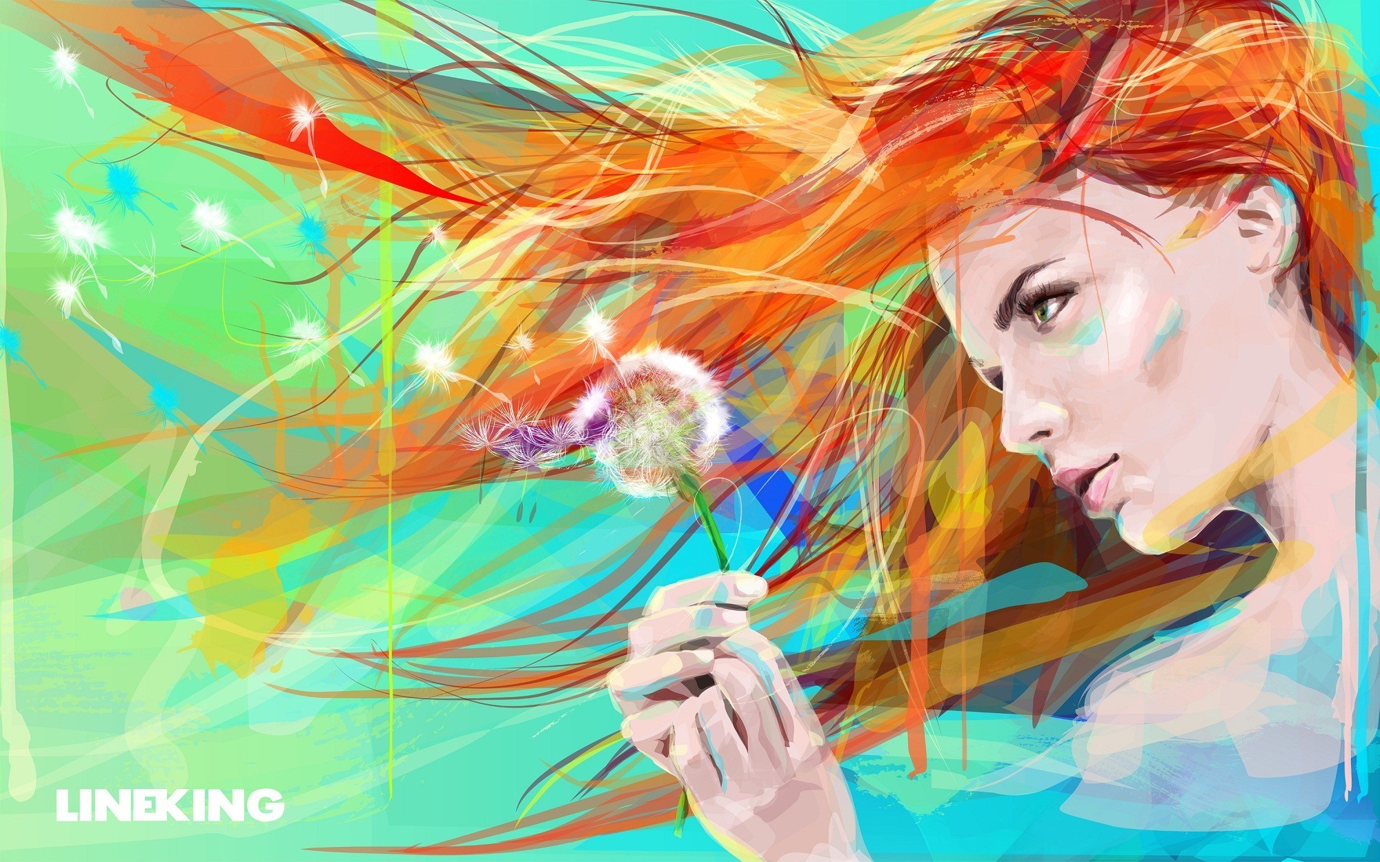 redhead, Women, Face, Model, Long hair, Artwork, Flowers, Dandelion Wallpaper