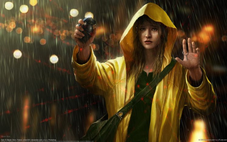 women, Artwork, Suicide, Rain, Grenades, Hoods HD Wallpaper Desktop Background