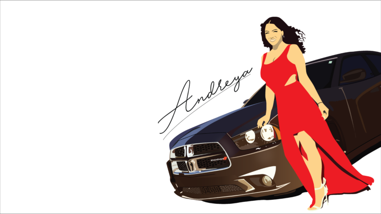 women, Dodge Charger, Illustration, White background, Red dress HD Wallpaper Desktop Background