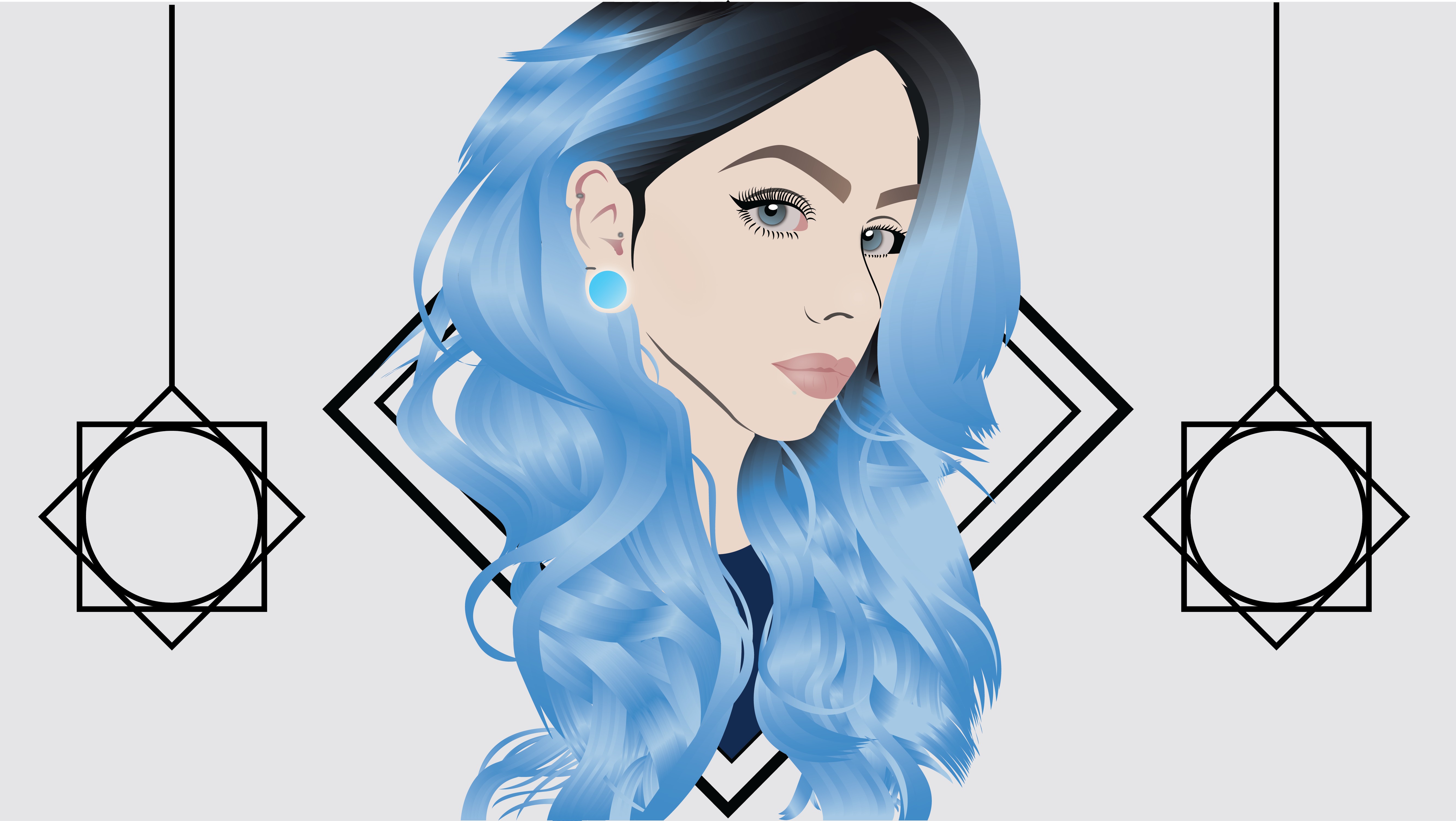 blue hair, Long hair, Women, Shapes, White background, Artwork Wallpaper