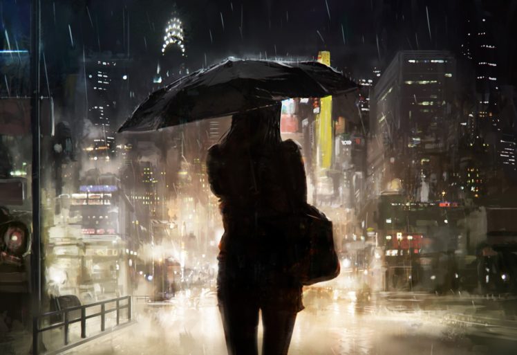 women, Night, Rain, Cityscape, Artwork, Digital art HD Wallpaper Desktop Background