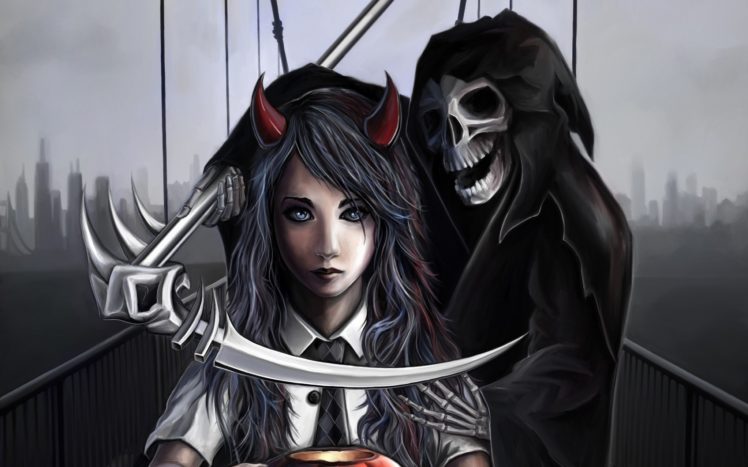 Grim Reaper, Women, Skull, Skeleton, Bones, Digital art, Scythe, Horns, Bridge, Devils, Death, Spooky, Cityscape HD Wallpaper Desktop Background