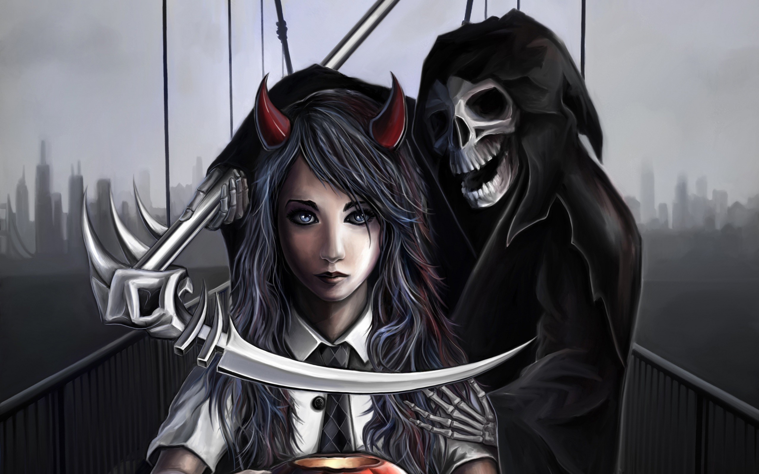 Grim Reaper, Women, Skull, Skeleton, Bones, Digital art, Scythe, Horns, Bridge, Devils, Death, Spooky, Cityscape Wallpaper