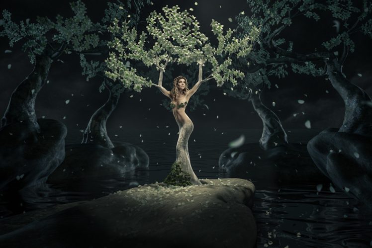 women, Fantasy girl, Digital art, Fantasy art, Night, Nature, Trees HD Wallpaper Desktop Background