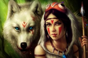 Princess Mononoke, Artwork, Wolf, Women