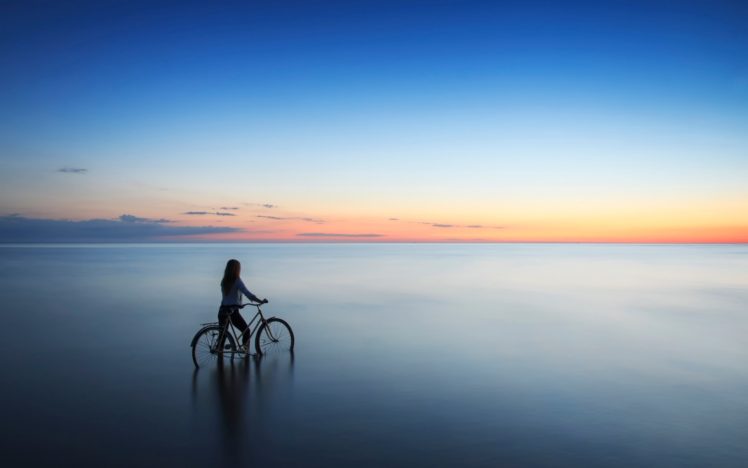women outdoors, Sea, Bicycle, Latvia, Sunset HD Wallpaper Desktop Background