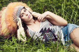 model, Headdress, Women outdoors, Grass, Brunette