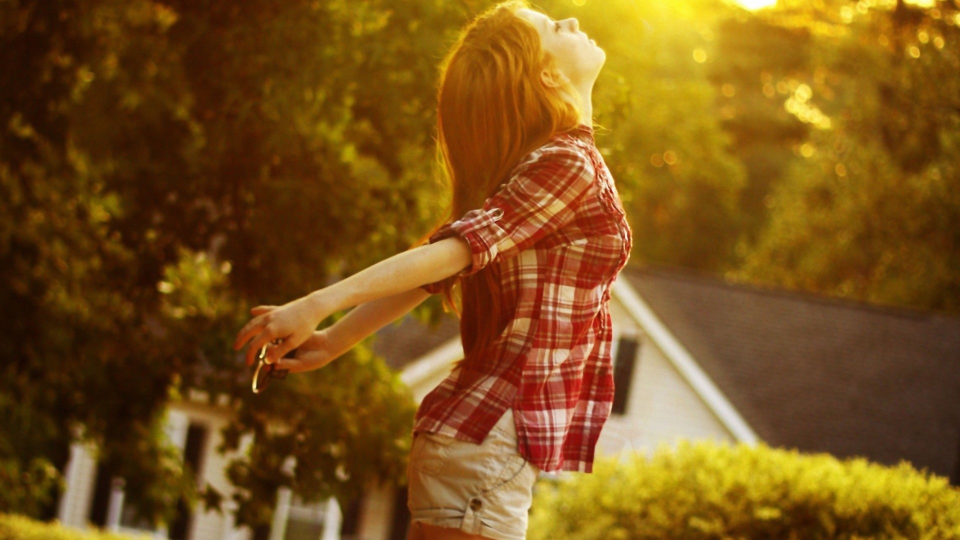 model, Plaid, Profile, Sunlight, Women outdoors Wallpaper