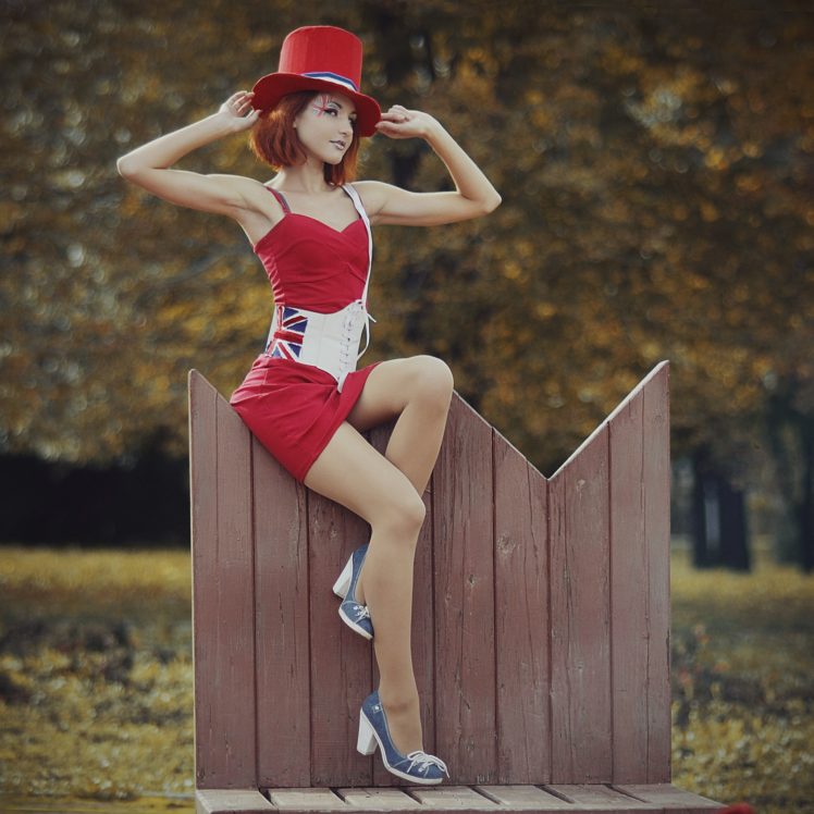 women, Readhead, Red dress, Funny hats HD Wallpaper Desktop Background