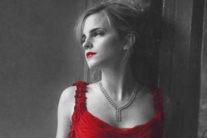 Emma Watson, Red dress, Selective coloring, Red lipstick, Women