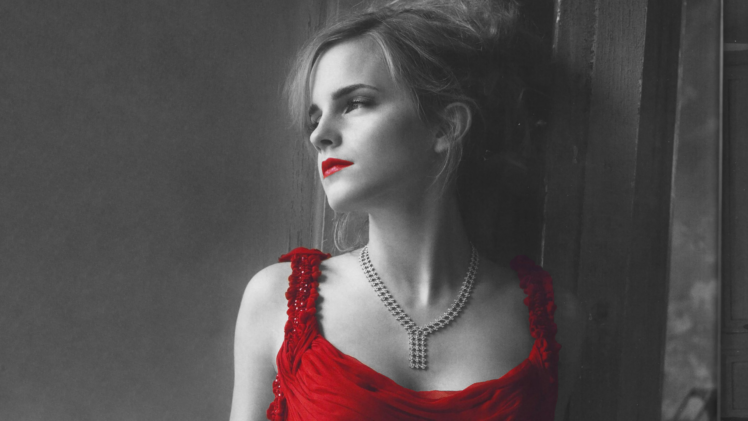 Emma Watson, Red dress, Selective coloring, Red lipstick, Women HD Wallpaper Desktop Background