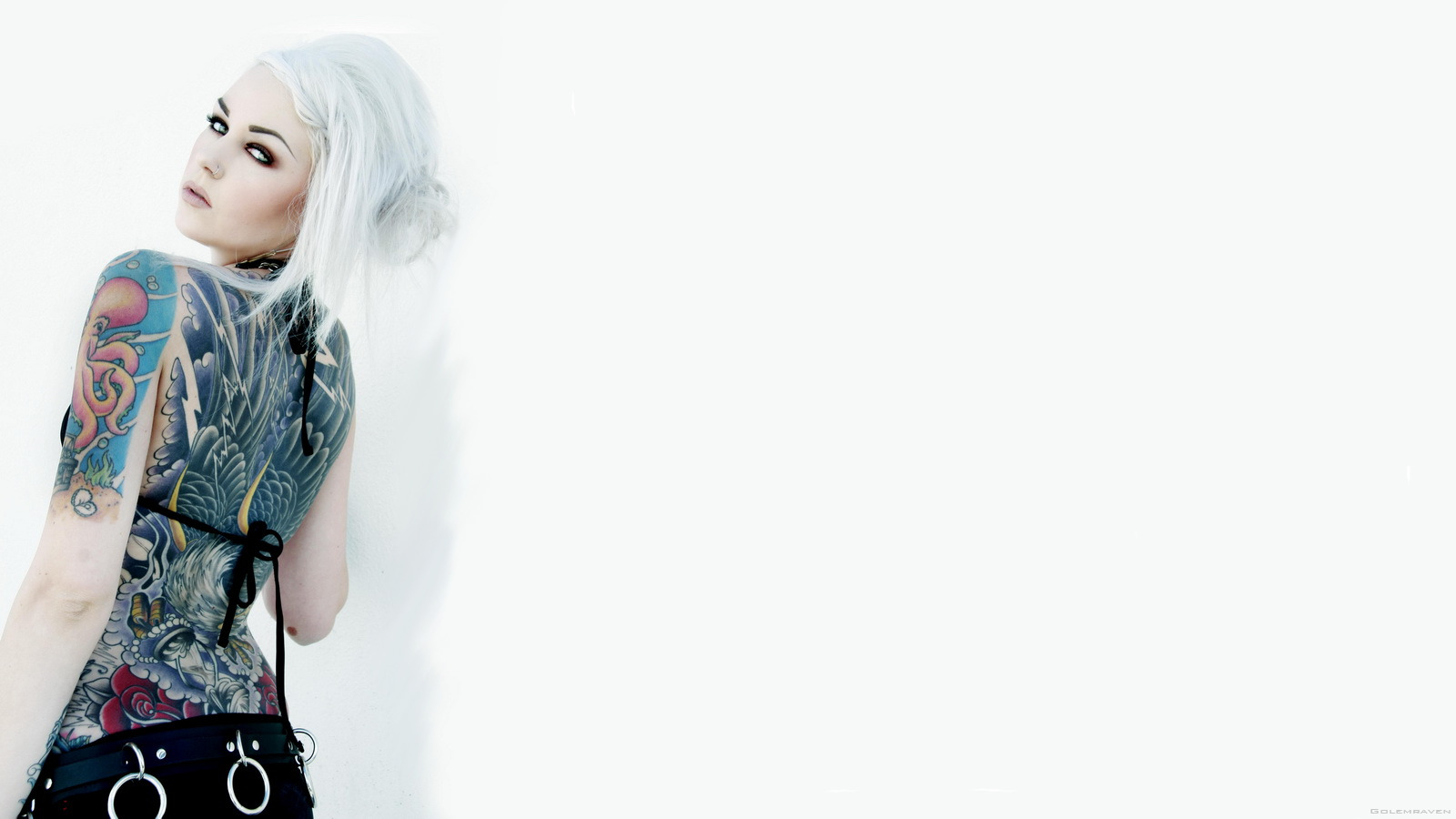 Kristen Leanne, Simple background, Tattoo, Women, White background, Tattoos, White hair Wallpaper