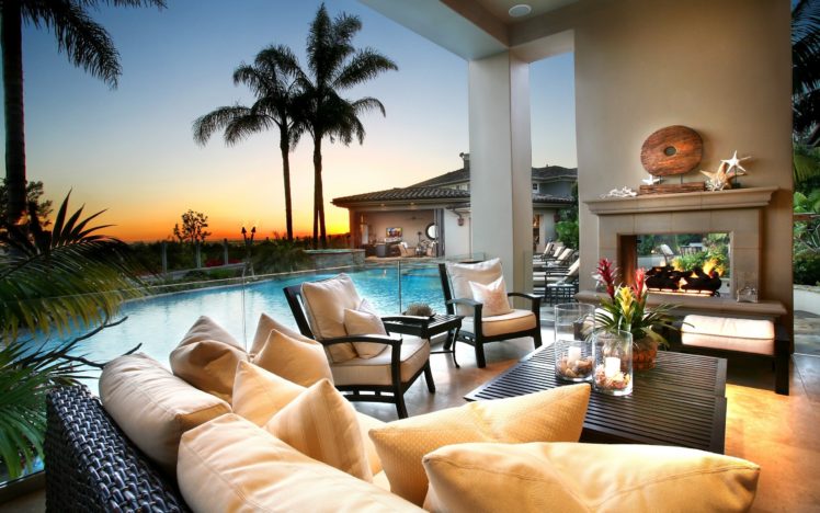 sunset, Swimming pool, Palm trees, Women outdoors HD Wallpaper Desktop Background