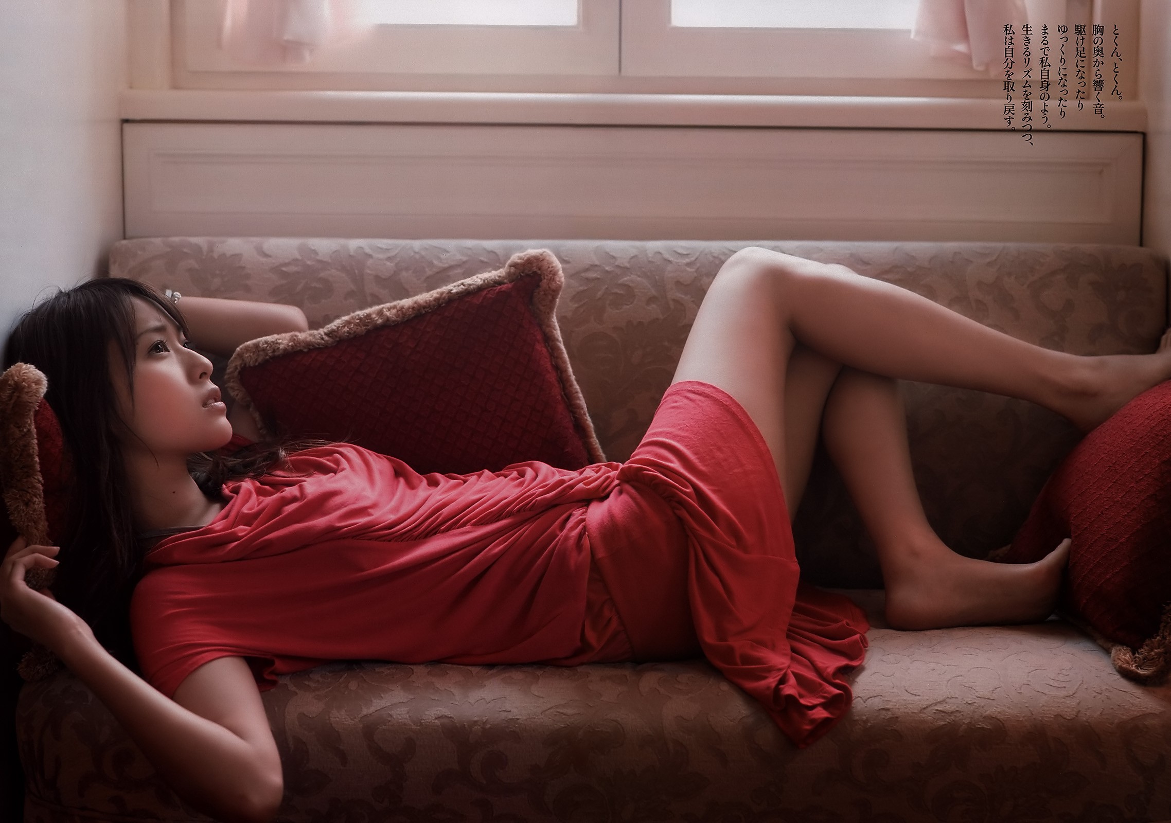 women, Asian, Couch, Red dress, Cushions Wallpaper