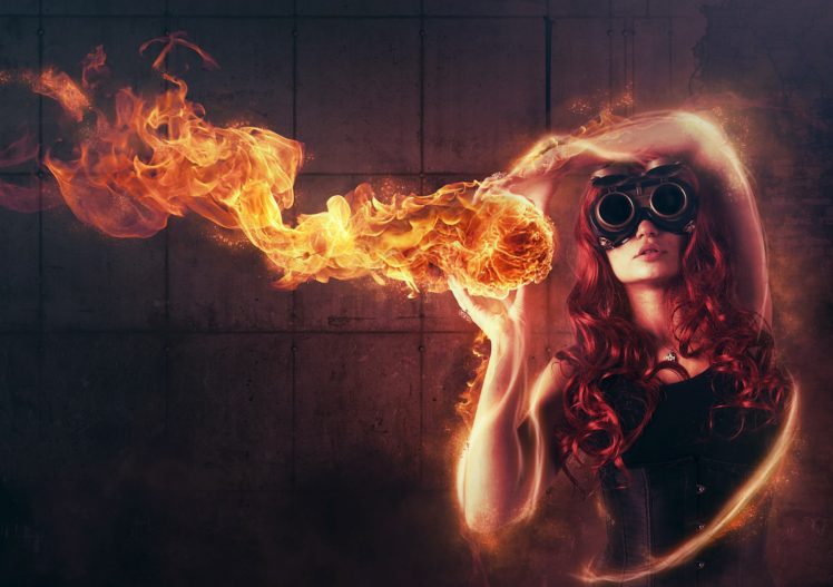 redhead, Women, Fire, Corset, Goggles, Necklace HD Wallpaper Desktop Background