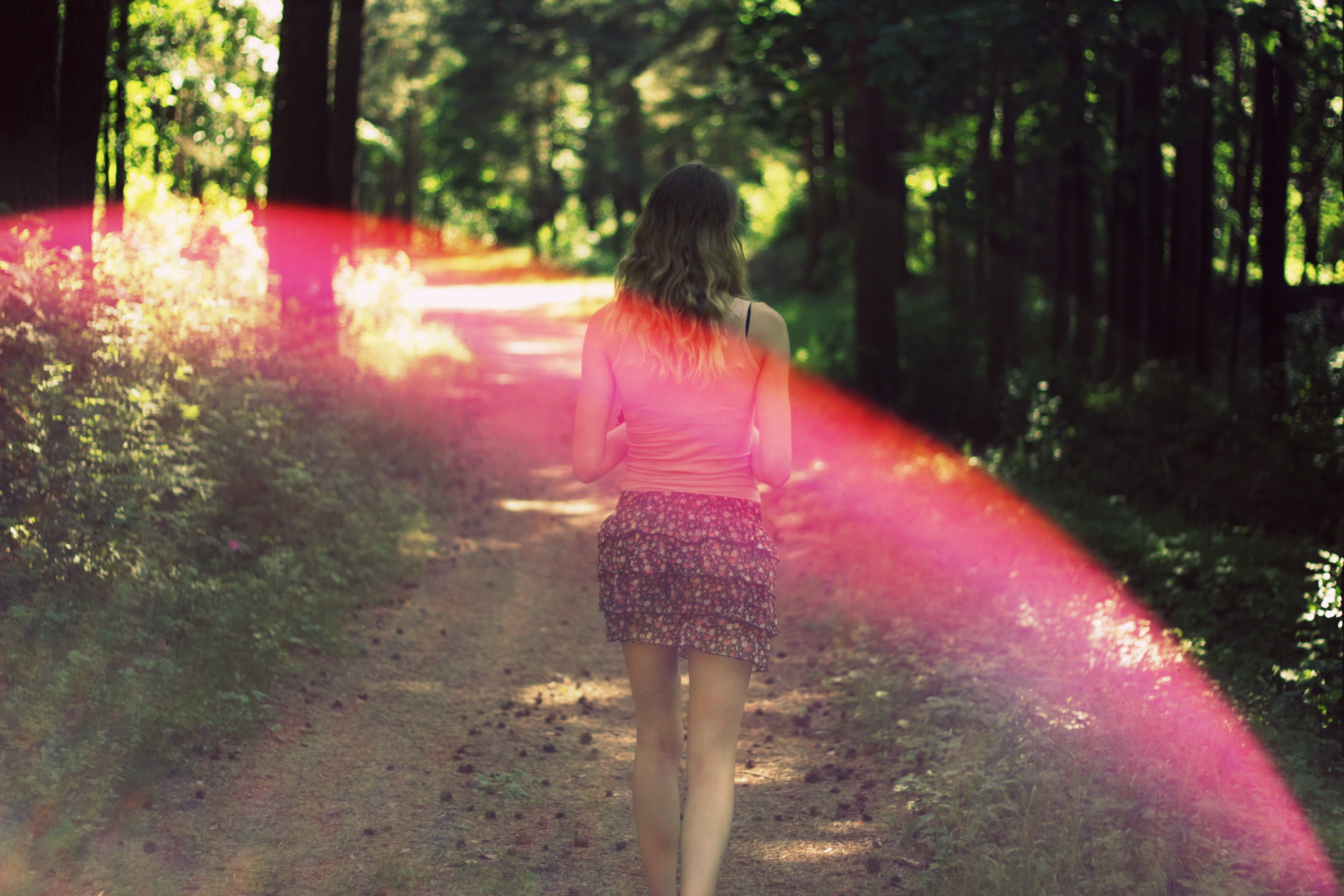 blonde, Summer, Wood, Forest, Sunlight, Women, Skirt, Pink, June Wallpaper