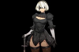 cleavage, White hair, 2B (Nier: Automata), Short hair, Black background, Blindfold, Elbow gloves, Gloves, Headband, Katana, Nier: Automata, NieR, Sword, Weapon, Thigh highs
