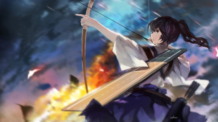 archer, Ponytail, Bow, Bow and arrow, Anime girls, Kaga (KanColle), Kantai Collection HD Wallpaper Desktop Background