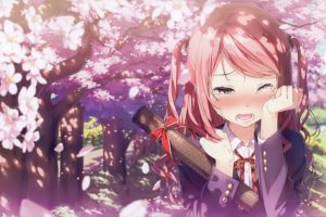 Kantoku, Long hair, Pink hair, Pink eyes, Tears, Blushing, Hair bows, Cherry blossom, Cute anime girl crying, Kurumi (Kantoku), Petals, School uniform, Trees