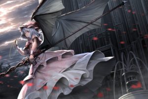 grey hair, Red eyes, Short hair, Vampires, Clouds, White dress, Hat, Petals, Remilia Scarlet, Sky, Spear, Touhou, Weapon, Wings, Cityscape, Skyscraper, Horizon