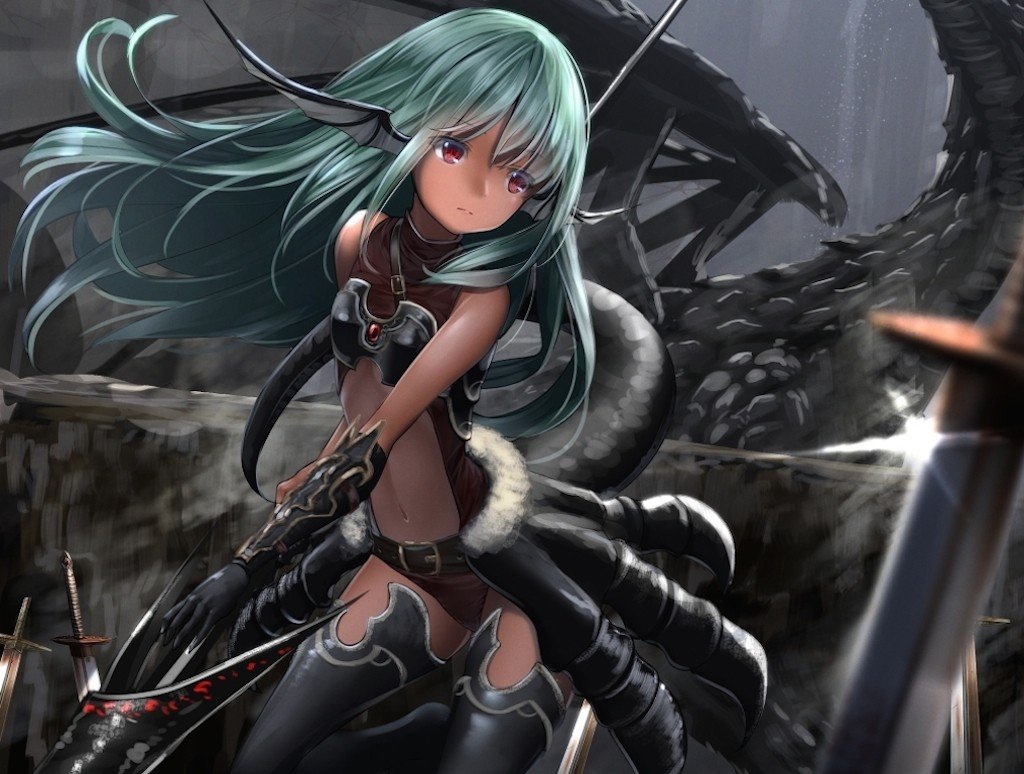 green hair, Long hair, Red eyes, Cropped, Sword, Weapon, Dragon, Wings, Armor Wallpapers HD 