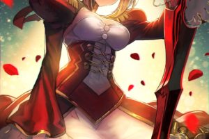 posterior cleavage, Cleavage, Blonde, Green eyes, Armor, Red dress, Fate Extra, Fate Stay Night, Panties, Saber Extra, See through clothing, Sword, Sky