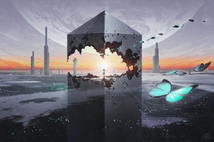 Technoheart, Waifu2x, Cityscape, Skyline, Moon, Butterfly, Clouds, Sunset, Skyscraper HD Wallpaper Desktop Background