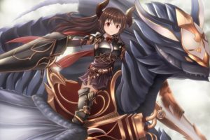 brunette, Long hair, Red eyes, White background, Dragon, Armor, Boots, Granblue Fantasy, Weapon