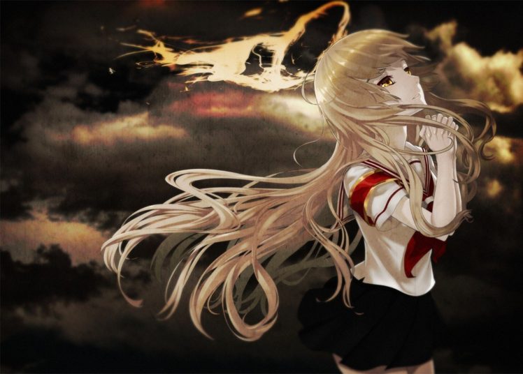 long hair, Blonde, Clouds, Polychrome, School uniform, Skirt, Yellow eyes HD Wallpaper Desktop Background