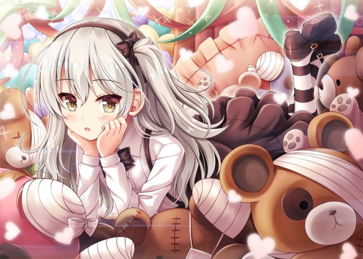 long hair, Anime, Anime girls, Girls und Panzer, Dress, Gray hair, Teddy bears, Sshimada Arisu HD Wallpaper Desktop Background