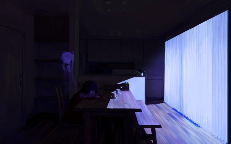 table, Dark, Phone, Cup, Hatsune Miku, Vocaloid, Anime girls, Anime HD Wallpaper Desktop Background