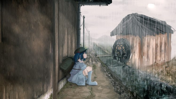blue hair, Anime girls, Anime, Rain, Artwork HD Wallpaper Desktop Background