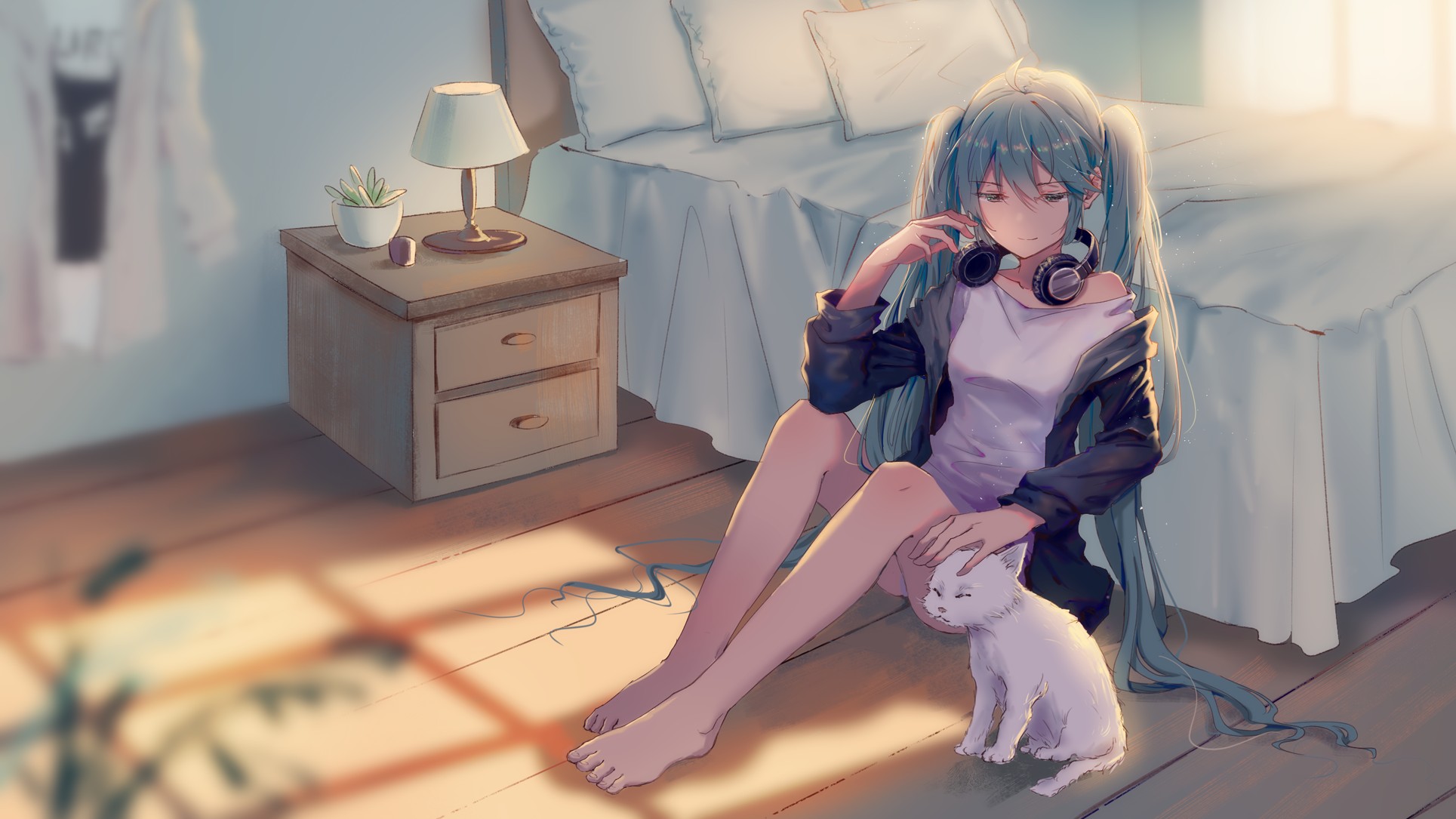 brunette, Long hair, Blue eyes, Barefoot, Anime girls, Hatsune Miku, Twintails, Headphones, Bedroom, Teal hair, Cat, Bed, Pillow, Lamp, Shrug Wallpaper