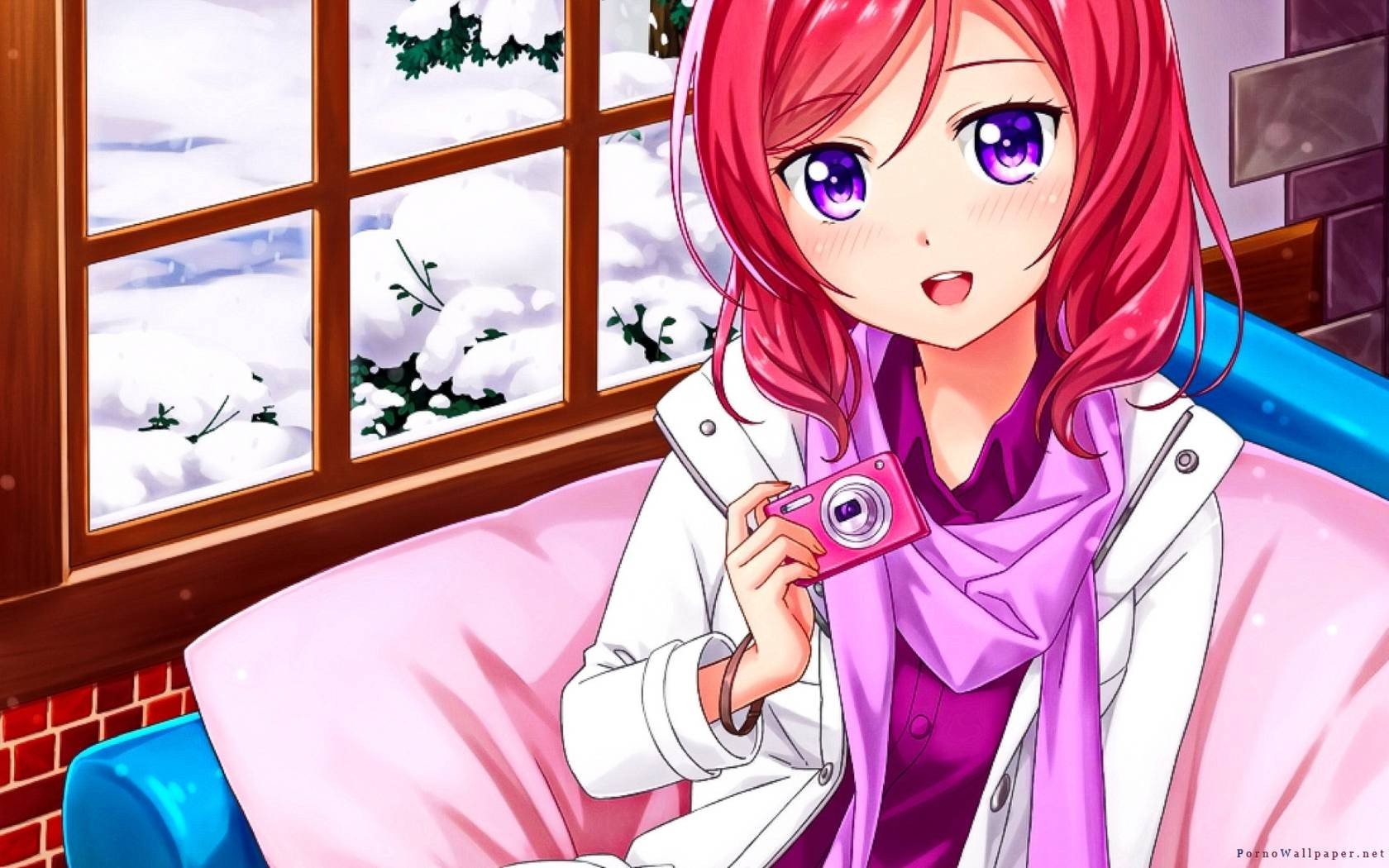 pink hair, Purple eyes, Anime, Anime girls, Smiling, Snow, Nishikino Maki, Love Live! Wallpaper