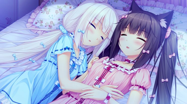 bedroom, Bed, Neko Para, Vanilla (Neko Para), Chocolat (Neko Para), Sleeping, Anime girls HD Wallpaper Desktop Background