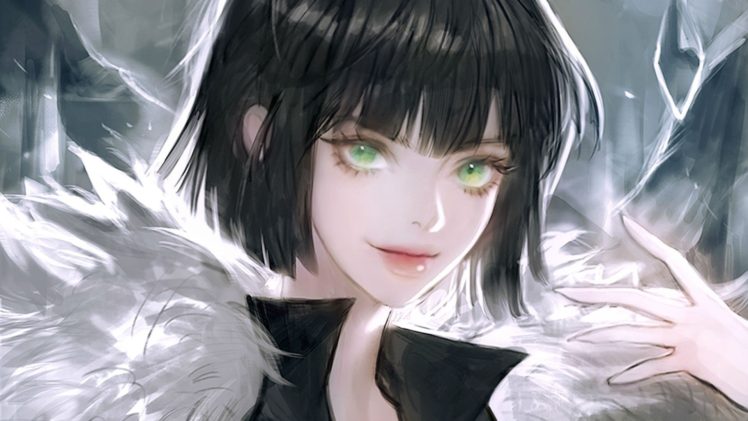green eyes, Black haired anime girl, One Punch Man HD Wallpaper Desktop Background