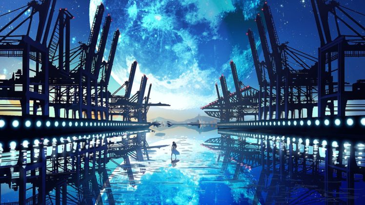 digital anime art, Water, Reflection, Ports HD Wallpaper Desktop Background