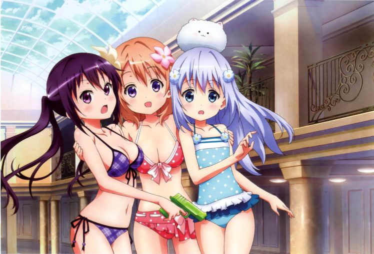 Gochuumon wa Usagi Desu ka?, Kafuu Chino, Tedeza Rize, Hoto Kokoa, Anime girls, One piece swimsuit, Bikini HD Wallpaper Desktop Background