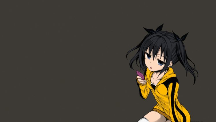 Fukunaga Yukito, Dark hair, Blue eyes, Twintails, Phone, Anime, Manga, Anime girls HD Wallpaper Desktop Background